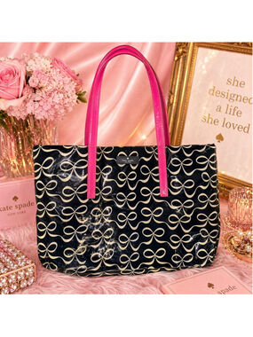 Kate Spade Bow Print Tote Black Pink Patent Large Shopper Bag